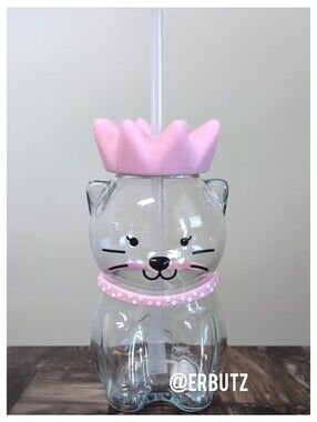 Sculpted Princess Kitty Cat Glass Tumbler with Straw, Silicone Crown Topper 👑